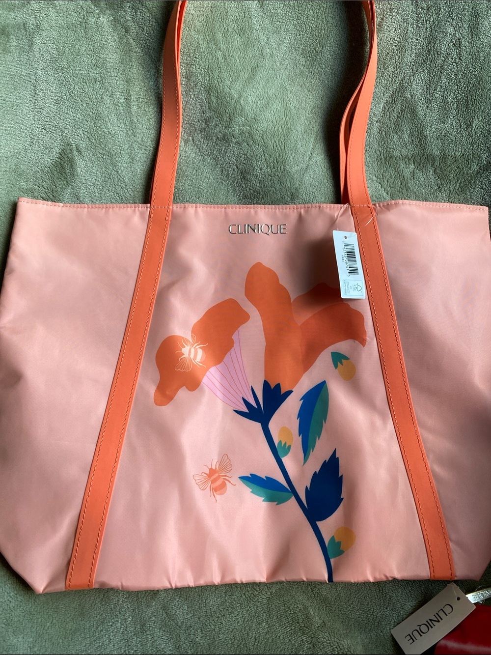 Clinique Pink Floral Tote Bag with Jonathon Cohen Red Stripe Pouch
